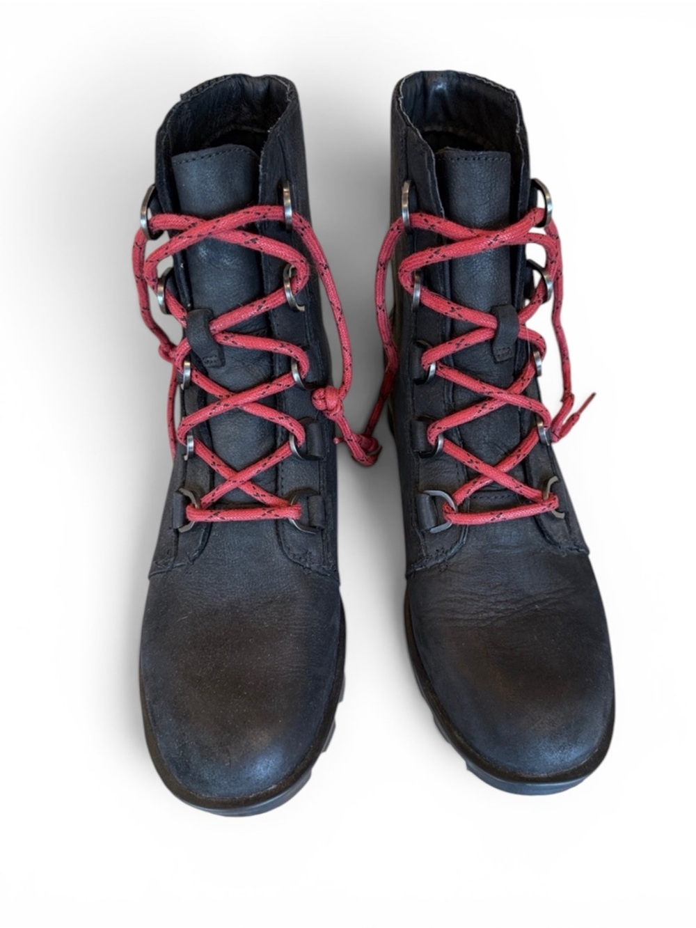 Women's 8.5 Sorel Black Leather Lace-Up Ankle Boots with Red Laces - Picture 2 of 8